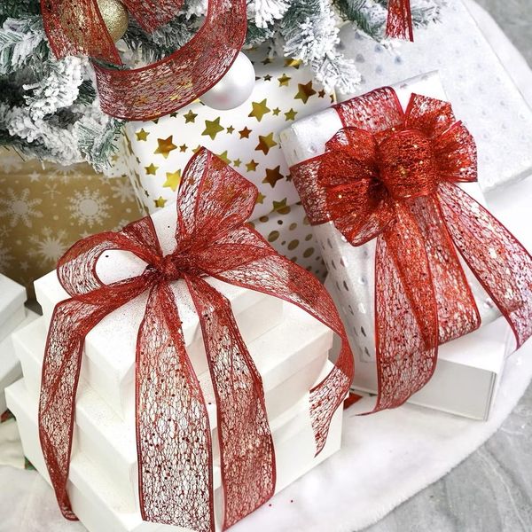 (Hàng Cao Cấp) Rộng 4cm,  Ruy băng lưới kim tuyến, Ruy băng nhũ kim tuyến - Decor Trang trí Noel