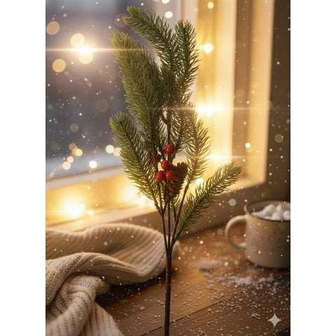 [ 1 CÀNH CÓ TRÊN 50 NHÁNH ] Cành thông giả trang trí Noel - Kèm quả châu đỏ, quả thông - Phụ kiện decor Giáng Sinh