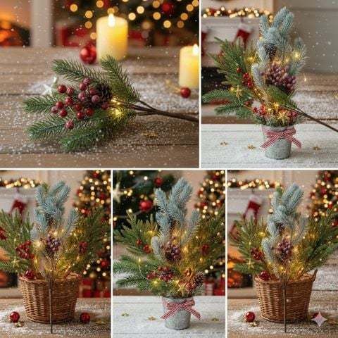 [ 1 CÀNH CÓ TRÊN 50 NHÁNH ] Cành thông giả trang trí Noel - Kèm quả châu đỏ, quả thông - Phụ kiện decor Giáng Sinh
