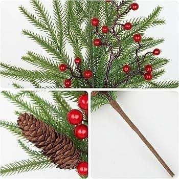 [ 1 CÀNH CÓ TRÊN 50 NHÁNH ] Cành thông giả trang trí Noel - Kèm quả châu đỏ, quả thông - Phụ kiện decor Giáng Sinh
