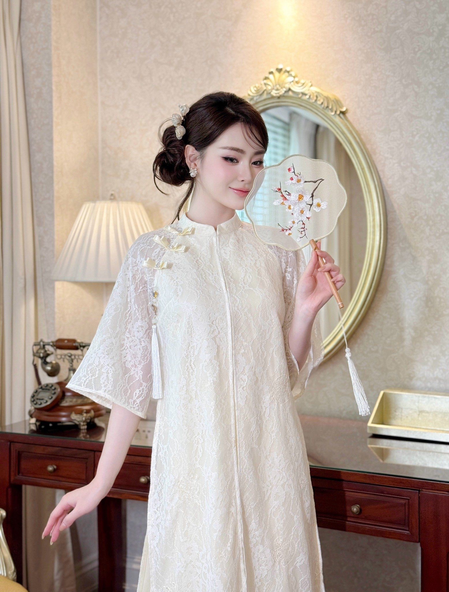  Áo Dài Ren Cao Cấp, Lót Lụa, Kèm Quần Lụa AD987 