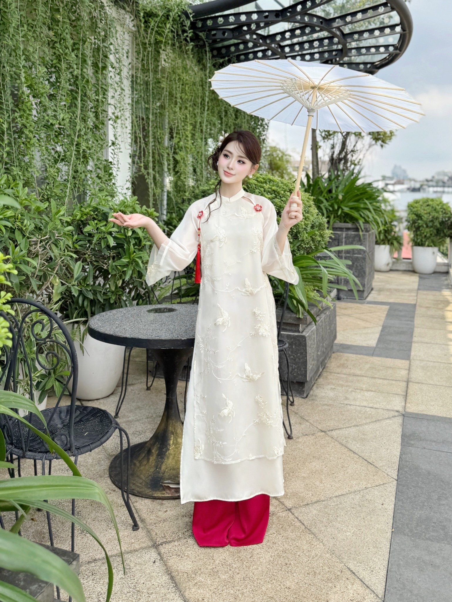  Áo Dài Tơ Hoa Thêu Nổi Cao Cấp Lót Lụa Đính Hoa Kèm Quần Lụa AD988 