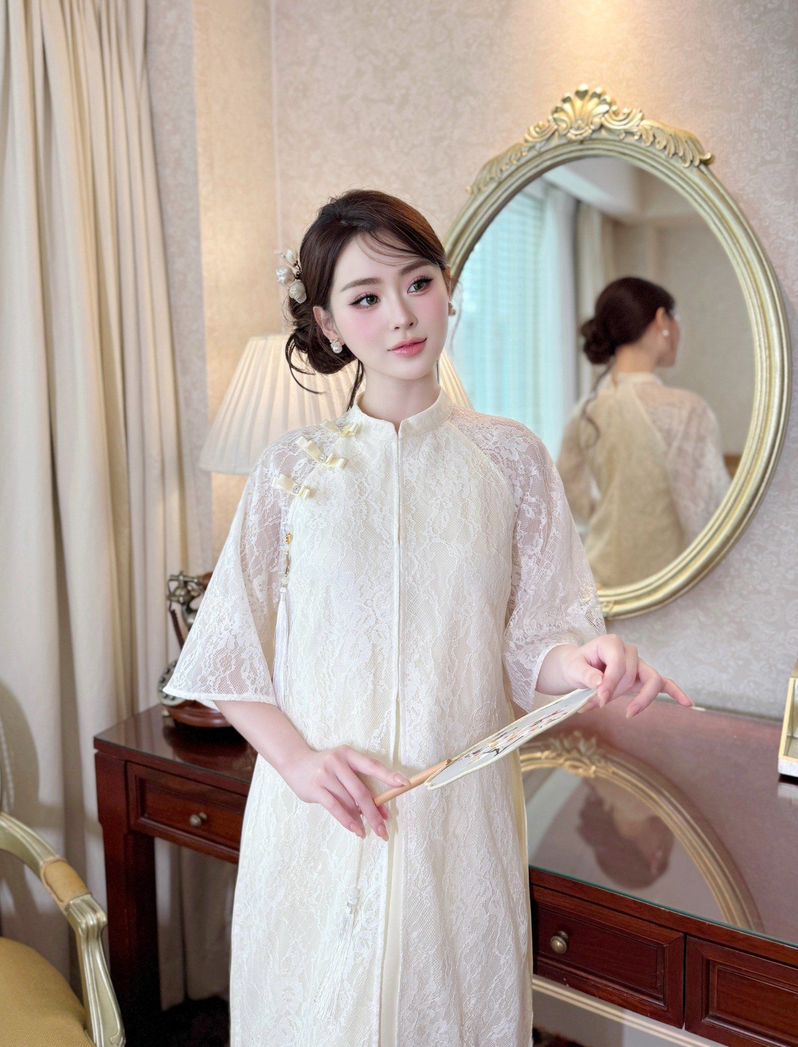  Áo Dài Ren Cao Cấp, Lót Lụa, Kèm Quần Lụa AD987 