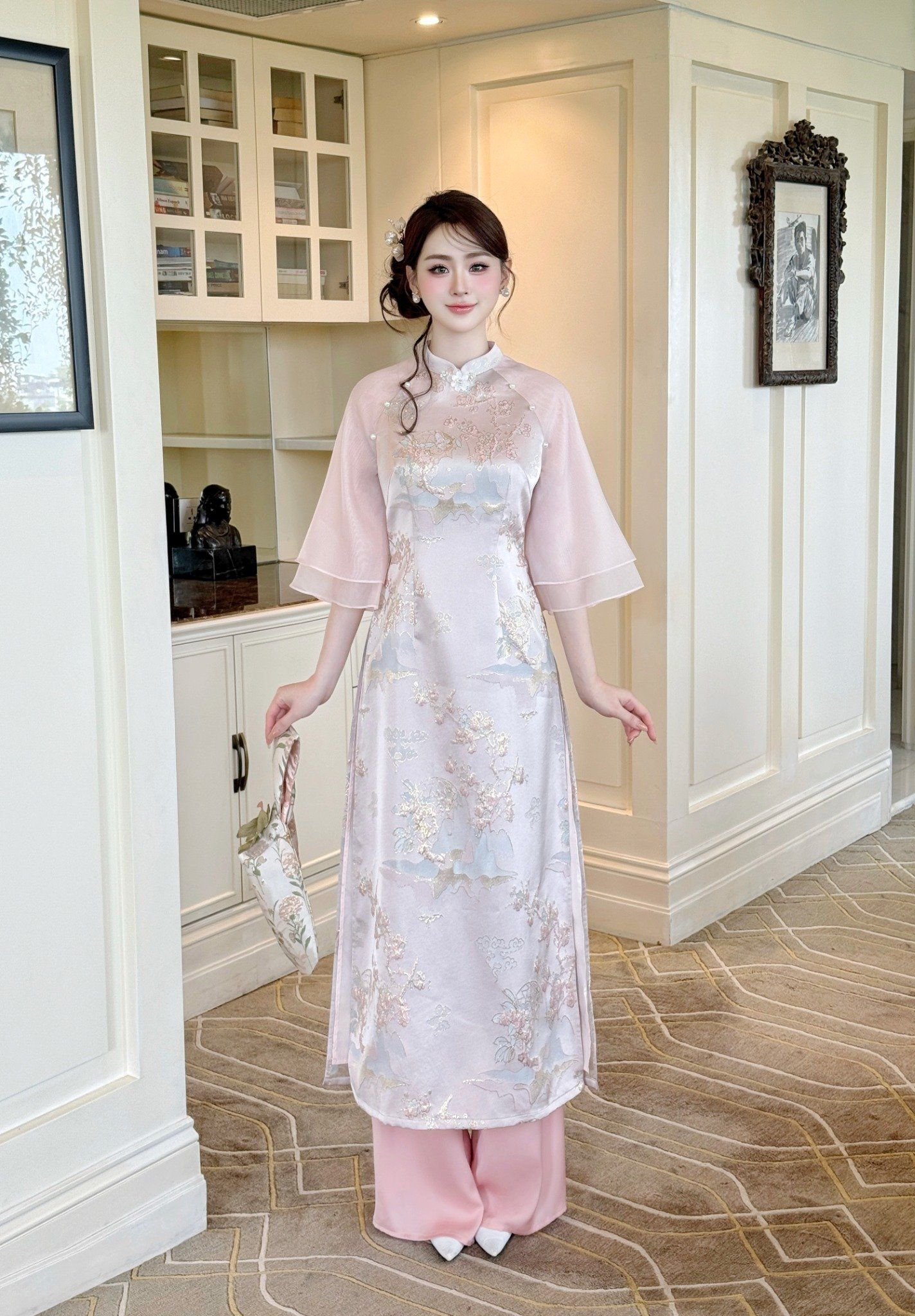  Set Áo Dài Gấm Cao Cấp Phối Tơ Hàn Đính Hoa + Quần Lụa AD992 