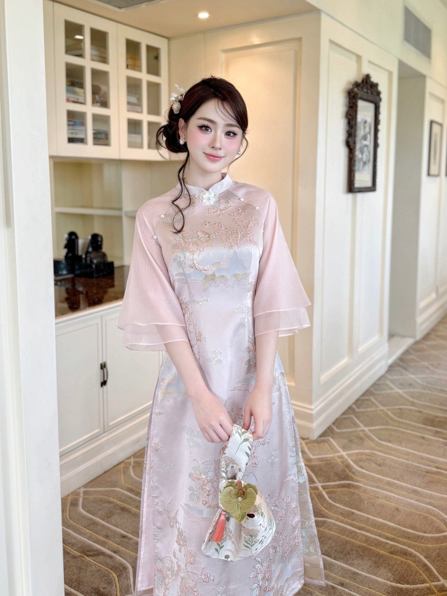  Set Áo Dài Gấm Cao Cấp Phối Tơ Hàn Đính Hoa + Quần Lụa AD992 