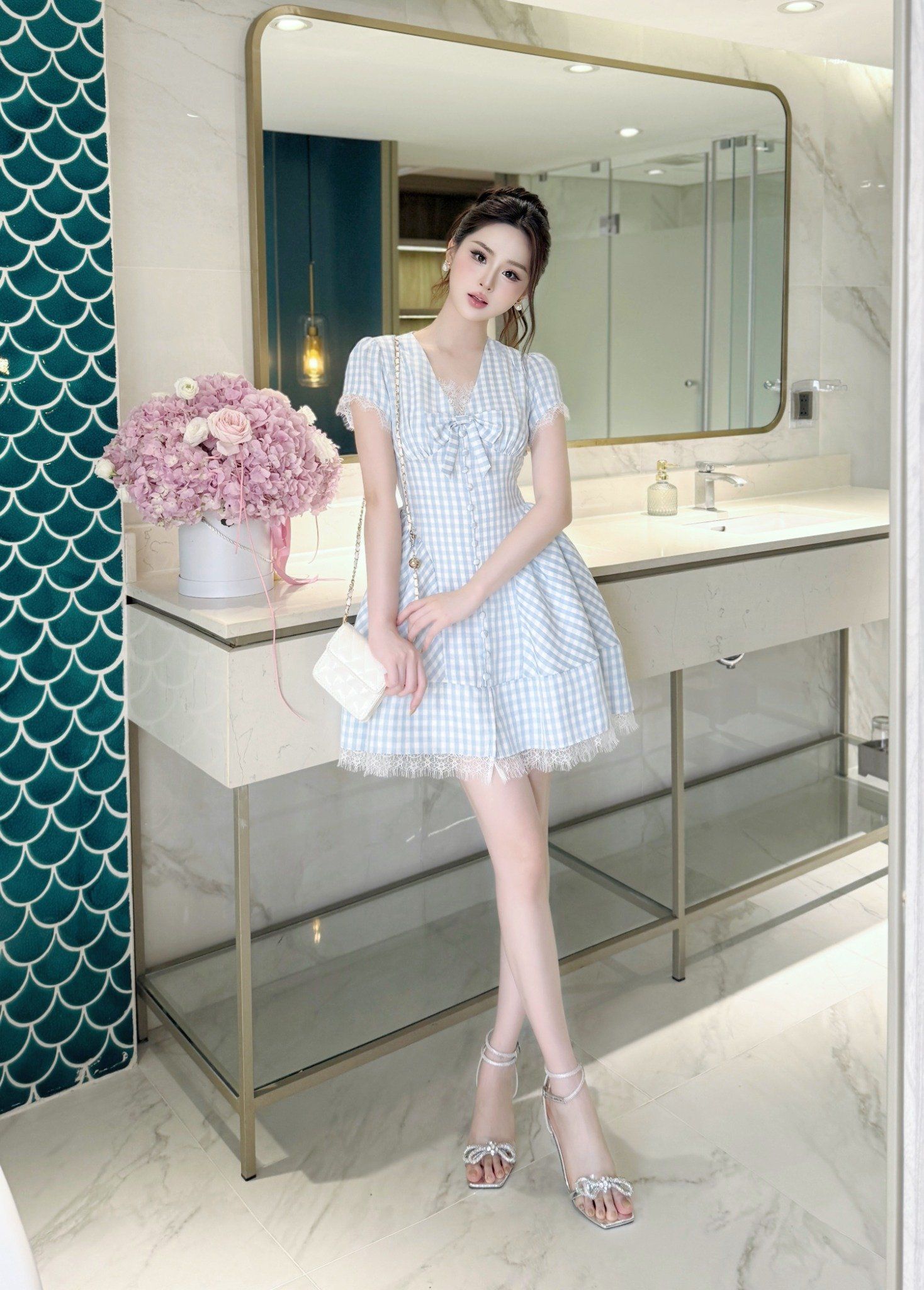  Váy Chất Thô Kẻ Phối Ren Lót Lụa V1411 