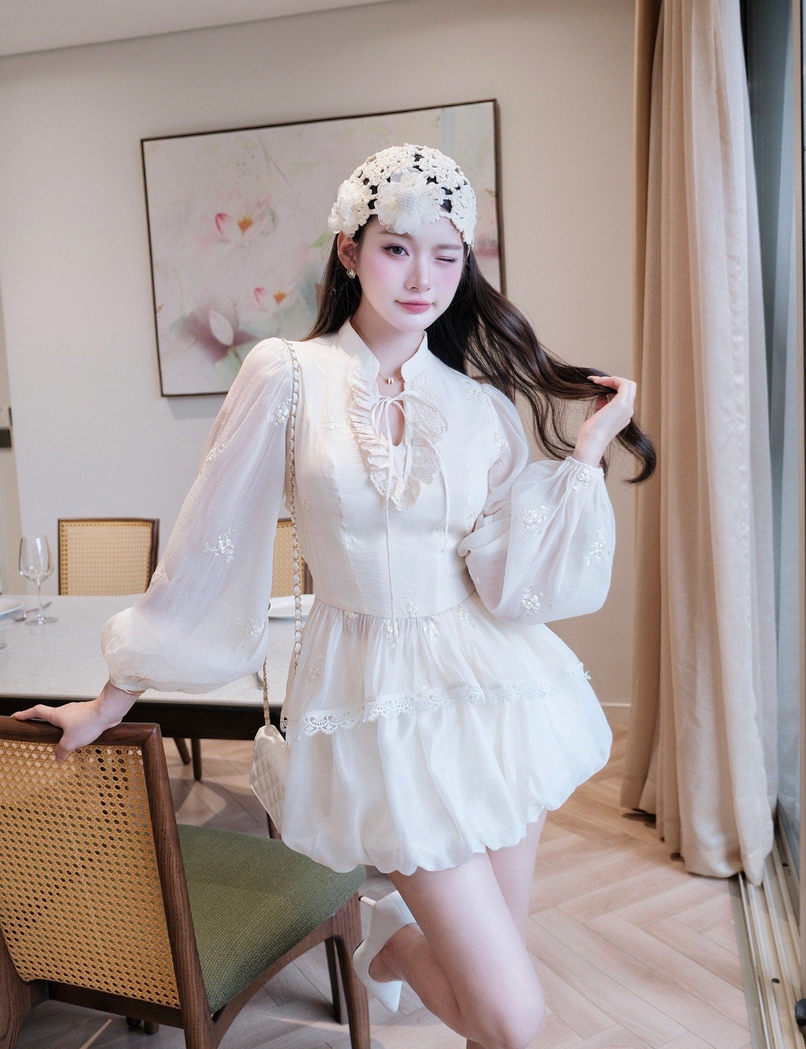  Set Áo Chất Tơ Thêu + Chân Váy Bí Chất Tơ Óng Kẹp Ren S965 