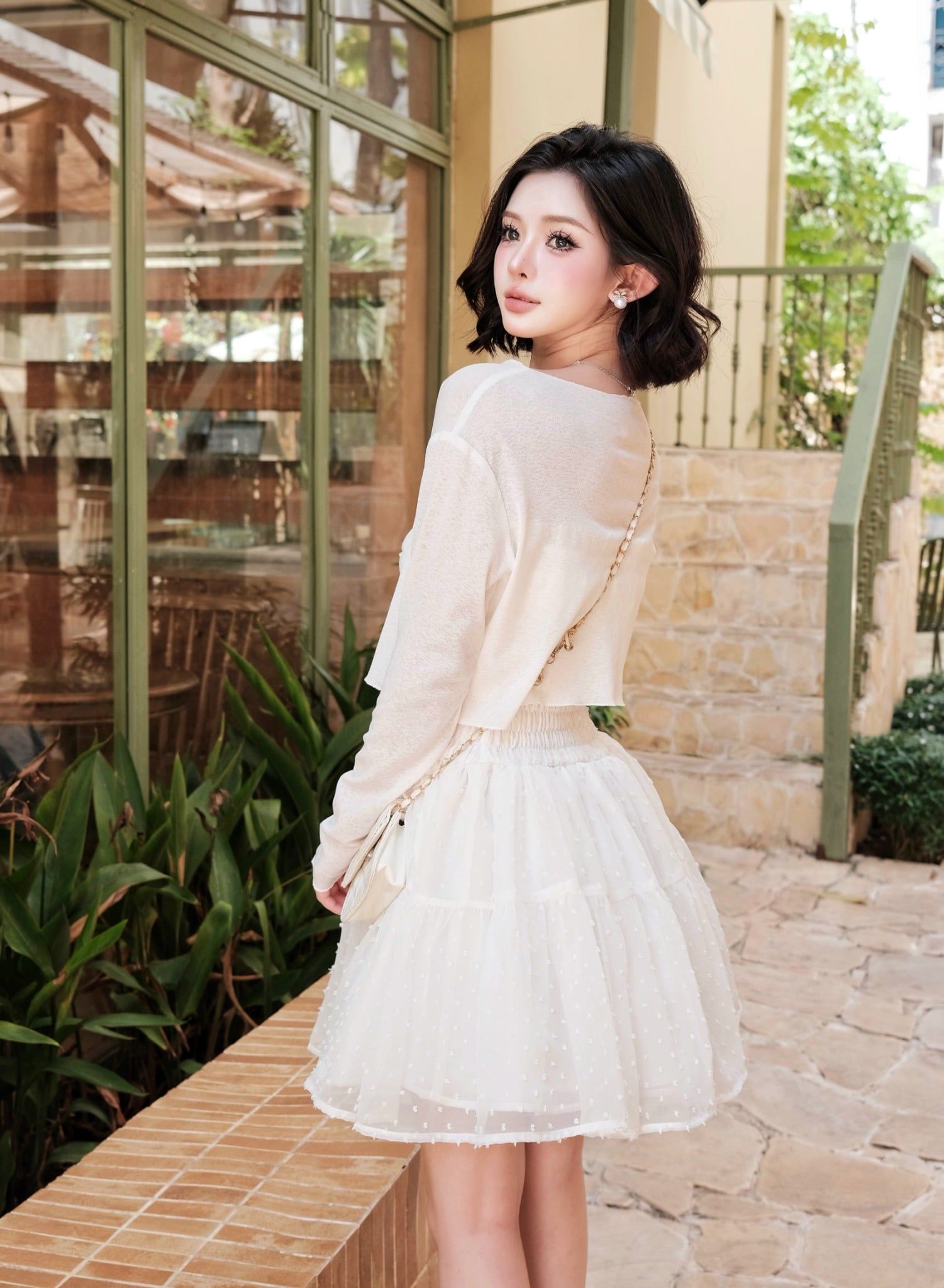  Váy Tơ Chấm Bi Chun Eo + Cadigan Chất Chun Gân S978 