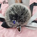  Phích cắm hậu môn inox lông thỏ cao cấp màu trắng xám size trung 