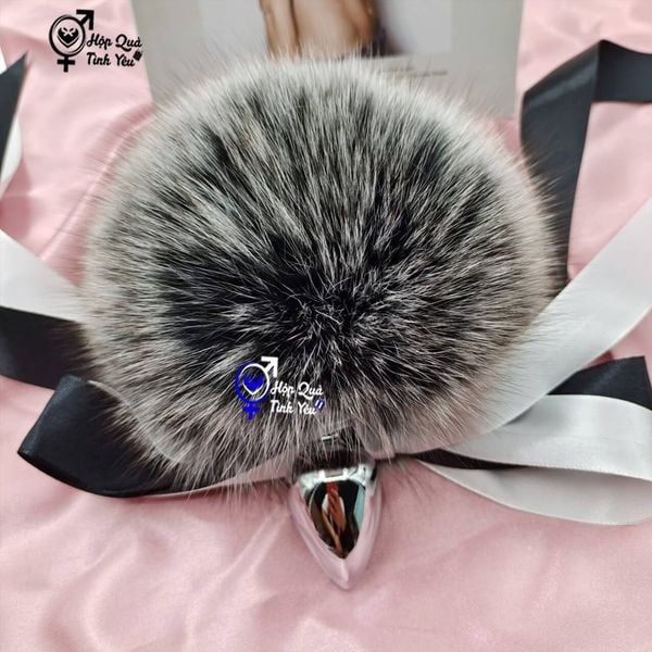  Phích cắm hậu môn inox lông thỏ cao cấp màu trắng xám size trung 