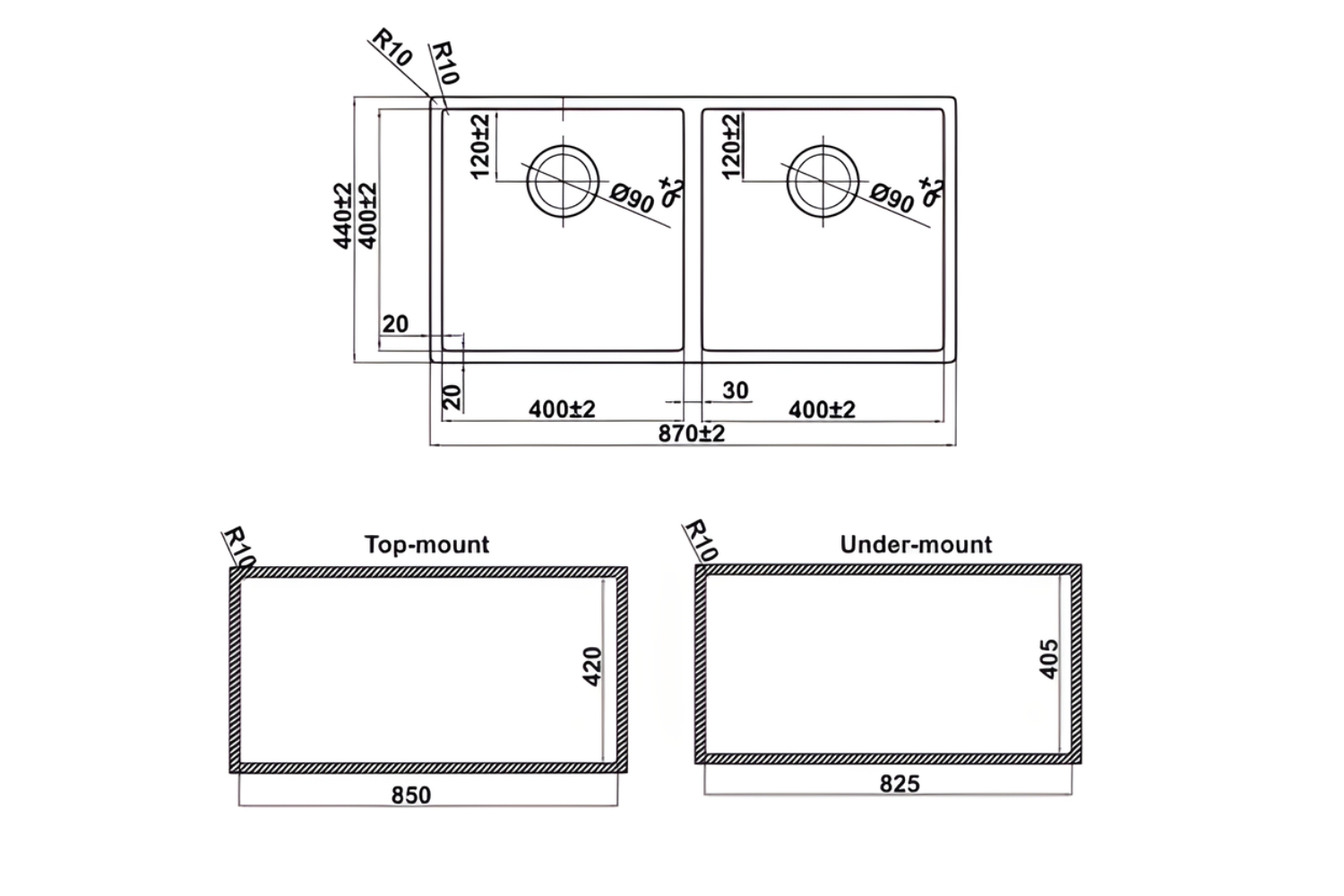 Kích Thước Lắp Đặt Chậu Rửa Bát 2 Hố Inox Satin R10 Hafele HS24-SSN2S-870 567.24.437