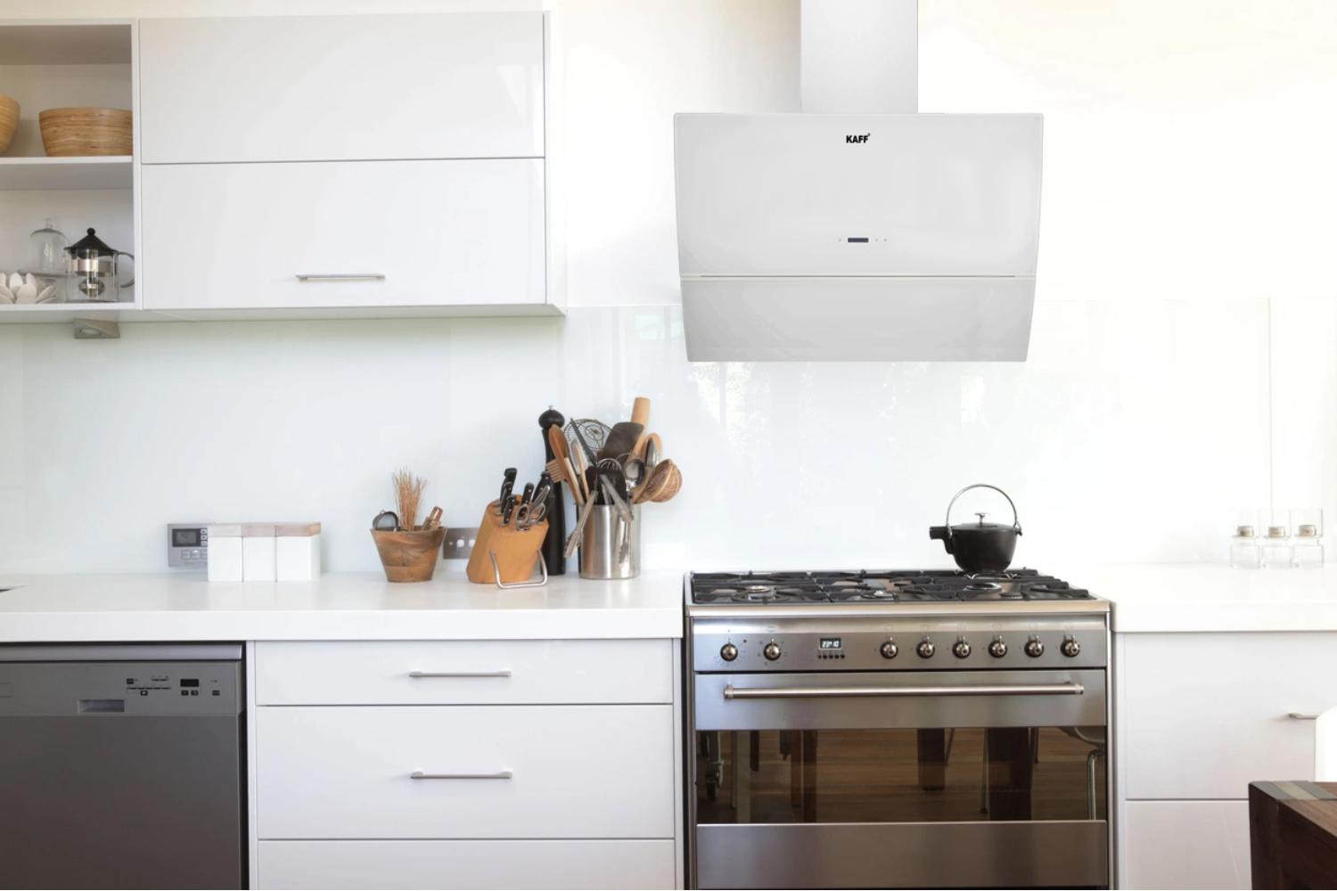 Máy Hút Mùi Áp Tường Kính Vác Cong Kaff KF-LUX-AT90H-WH | 90cm