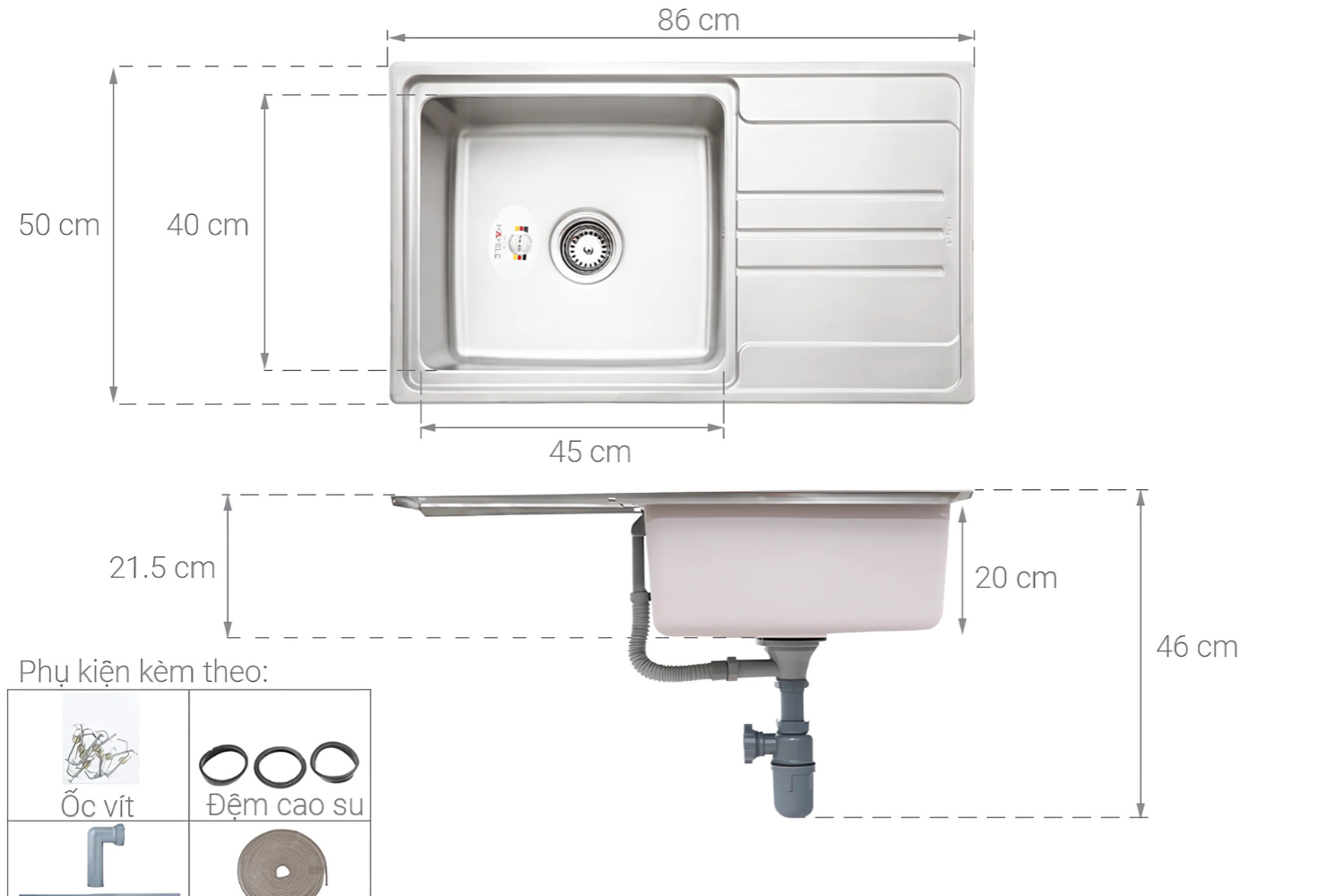 Chậu Rửa Bát 1 Hố Inox 304 Hafele HS20-SSN1S60 567.20.266
