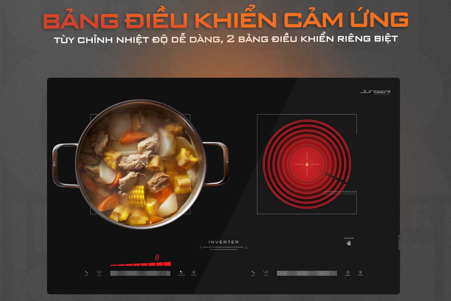 Bếp Điện Từ Kết Hợp Hồng Ngoại Junger NKD-20 | Lắp Âm/Dương 2 Vùng Nấu