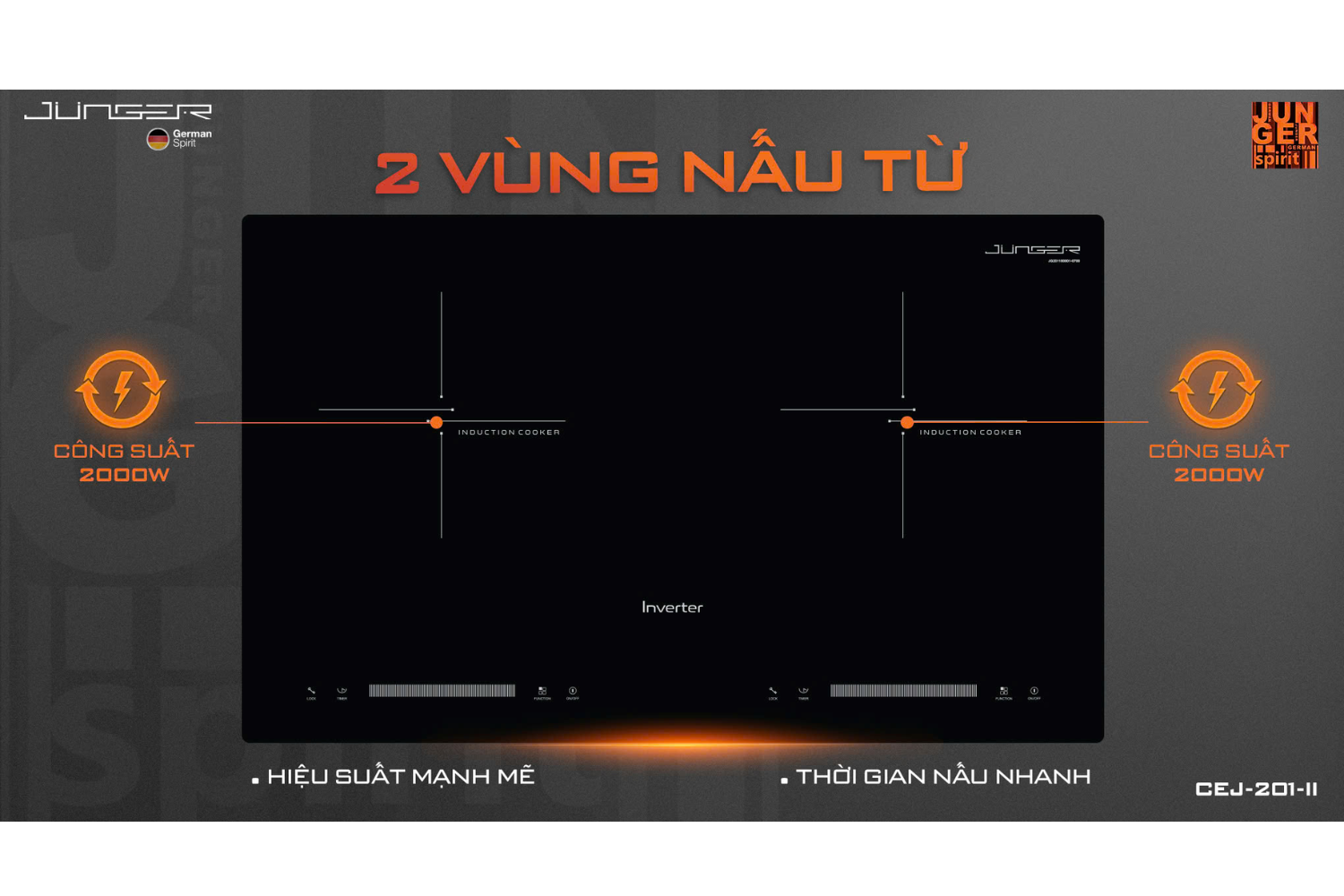 Bếp Từ Đôi Junger CEJ-201-II | Lắp Âm/Dương 2 Vùng Nấu