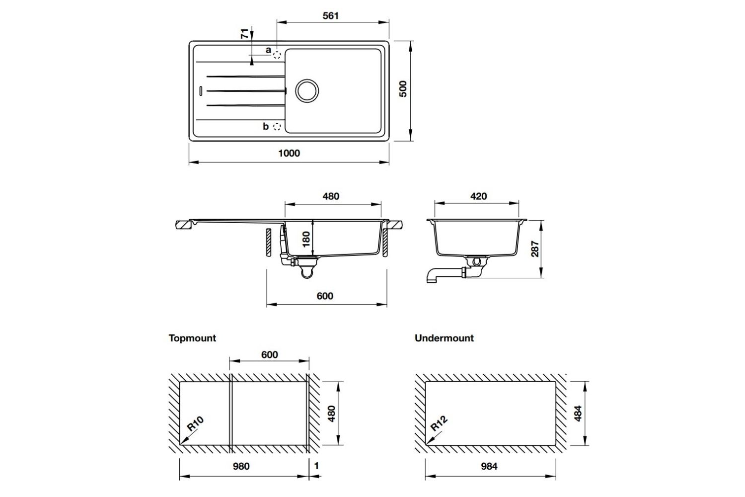 Chậu Rửa Bát 1 Hố Bằng Đá Granite Hafele HS20-GED1S60 (570.32.330) | Màu đen