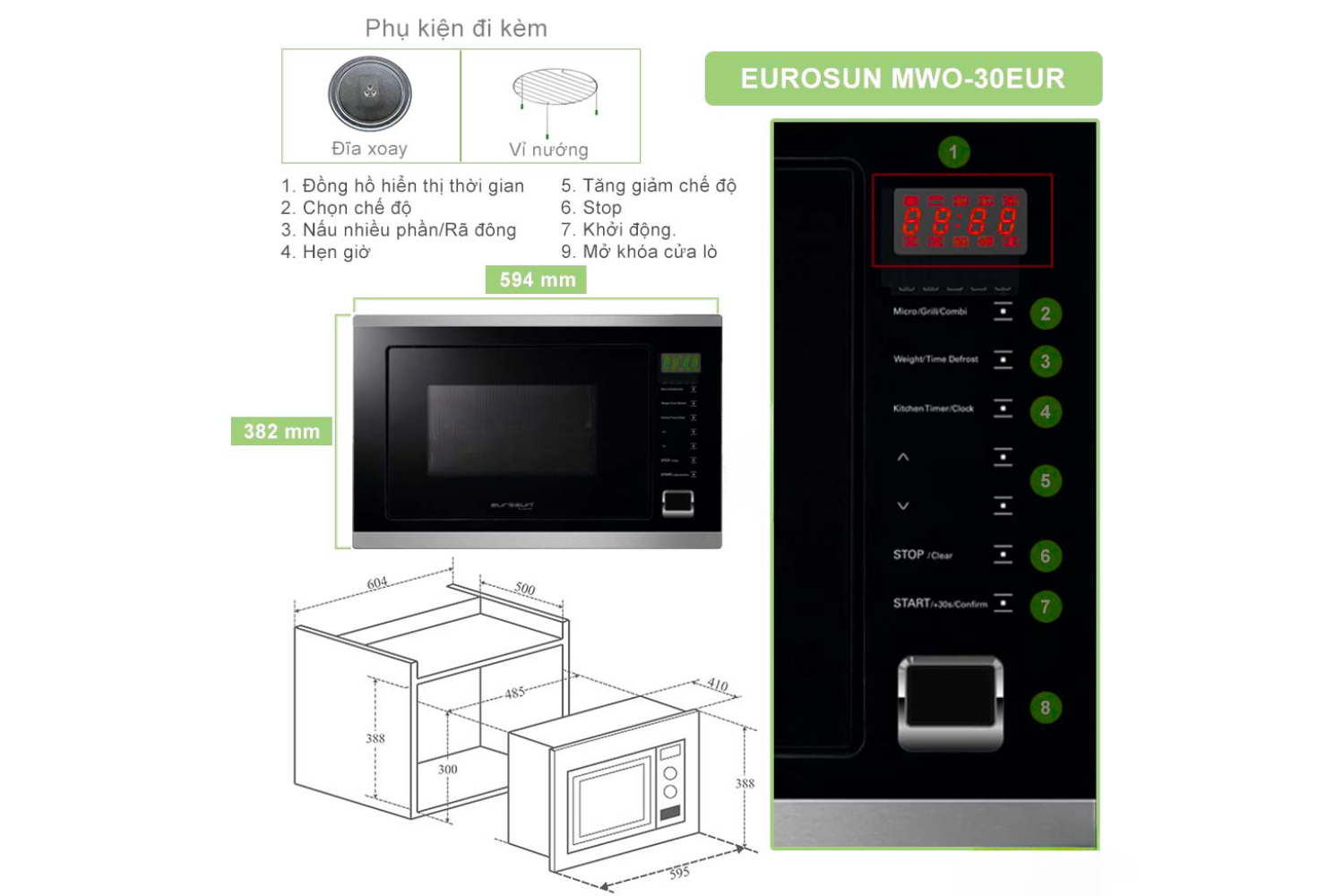 Lò Vi Sóng Có Nướng Eurosun MWO-30EUR | Lắp Âm 28 Lít