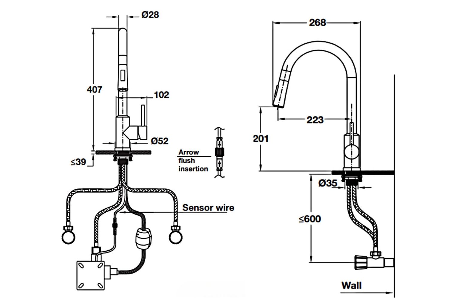 Vòi Rửa Bát Cảm Ứng Nóng Lạnh Dây Rút Hafele 570.58.231 | Inox 304