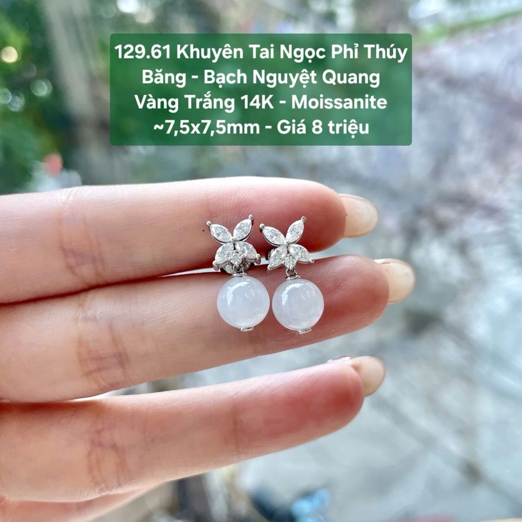 Khuyên Tai Ngọc Phỉ Thúy Băng - Bạch Nguyệt Quang VT 14K - Moissanite ~7,5x7,5mm 129.61