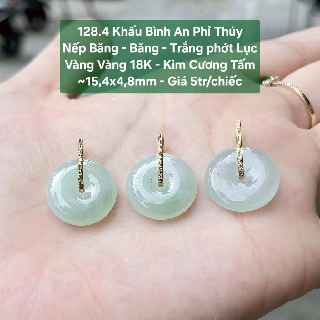 Khấu Bình An Phỉ Thúy Nếp Băng - Băng - Trắng phớt Lục Vàng Vàng 18K - Kim Cương Tấm ~15,4x4,8mm 128.4