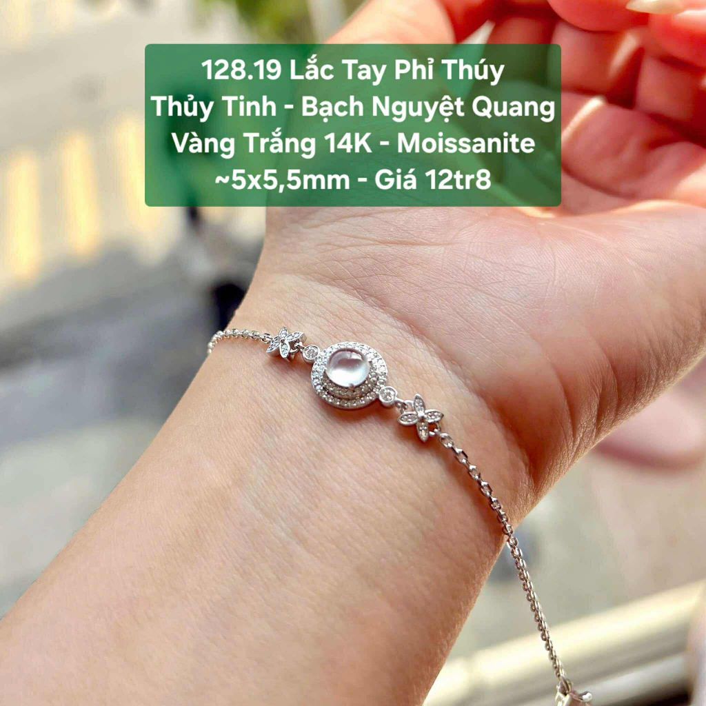 Lắc Tay Phỉ Thuý Thuỷ Tinh - Bạch Nguyệt Quang VT14K - Moissanite ~5x5.5mm - 128.19