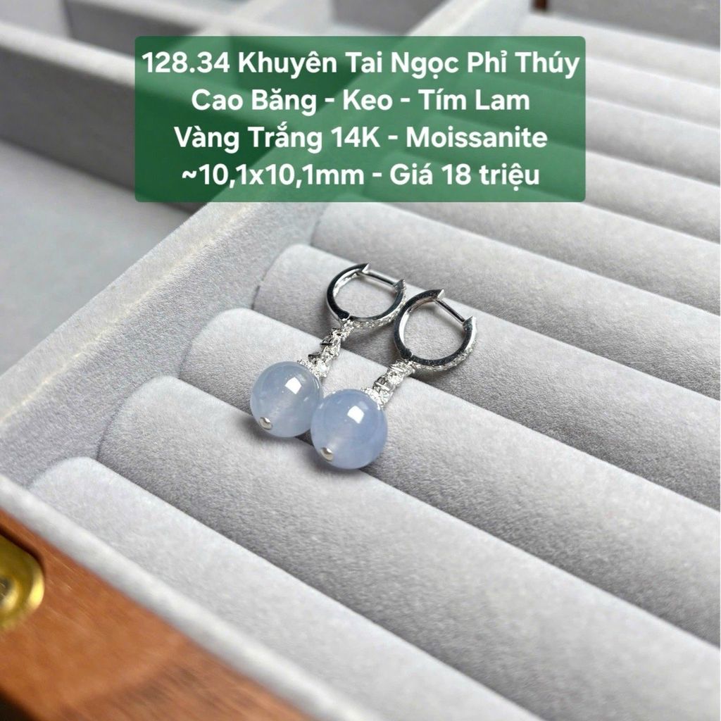Khuyên Tai Ngọc Phỉ Thúy  Cao Băng - Keo - Tím Lam  Vàng Trắng 14K - Moissanite 128.34