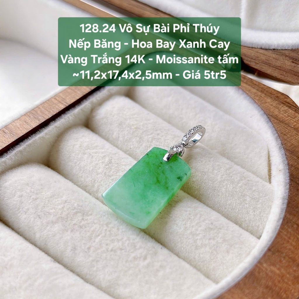 Vô Sự Bài Phỉ Thúy  Nếp Băng - Hoa Bay Xanh Cay  Vàng Trắng 14K - Moissanite tấm  ~11,2x17,4x2,5mm 128.24