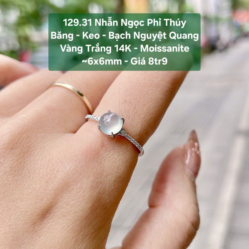 Nhẫn Ngọc Phỉ Thúy  Băng - Keo - Bạch Nguyệt Quang VT 14K - Moissanite  ~6x6mm 129.31