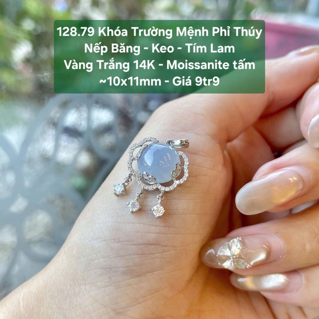 Khoá Trường Mệnh Phỉ Thuý Nếp Băng - Keo - Tím Lam VT14K - Moissanite Tấm ~10x11mm - 128.79
