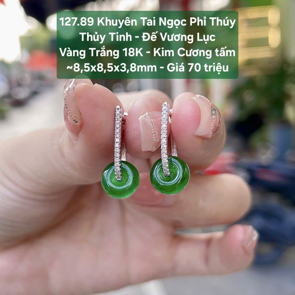 Khuyên Tai Ngọc Phỉ Thúy  Thủy Tinh - Đế Vương Lục  Vàng Trắng 18K - Kim Cương tấm  ~8,5x8,5x3,8mm 127.89