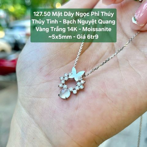 Mặt Dây Ngọc Phỉ Thúy  Thủy Tinh - Bạch Nguyệt Quang Vàng Trắng 14K - Moissanite ~5x5mm 127.50