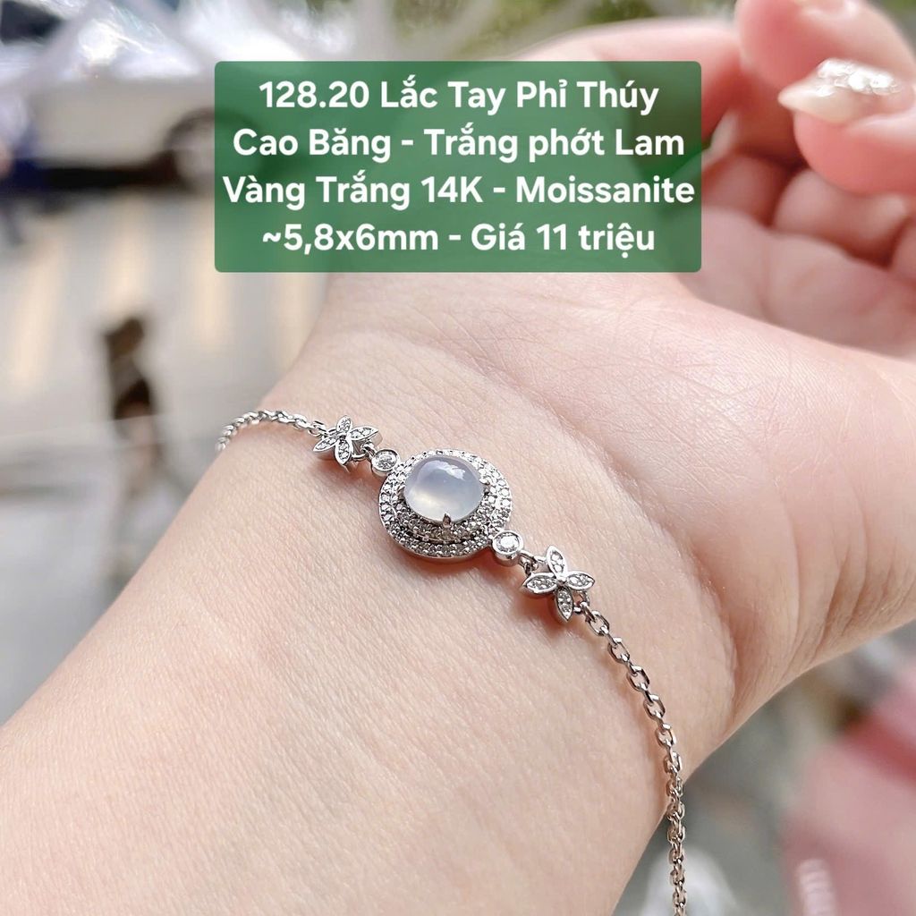 Lắc Tay Phỉ Thúy Cao Băng - Trắng phớt Lam Vàng Trắng 14K - Moissanite ~5,8x6mm 128.20