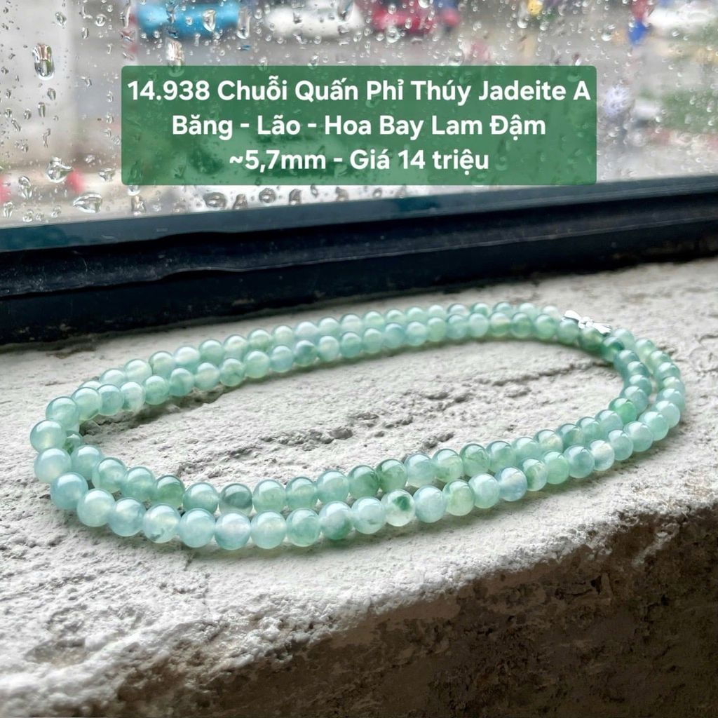 14.938 Chuỗi Quấn Phỉ Thuý Jadeite A - Băng - Lão - Hoa Bay Lam Đậm ~ 5,7mm