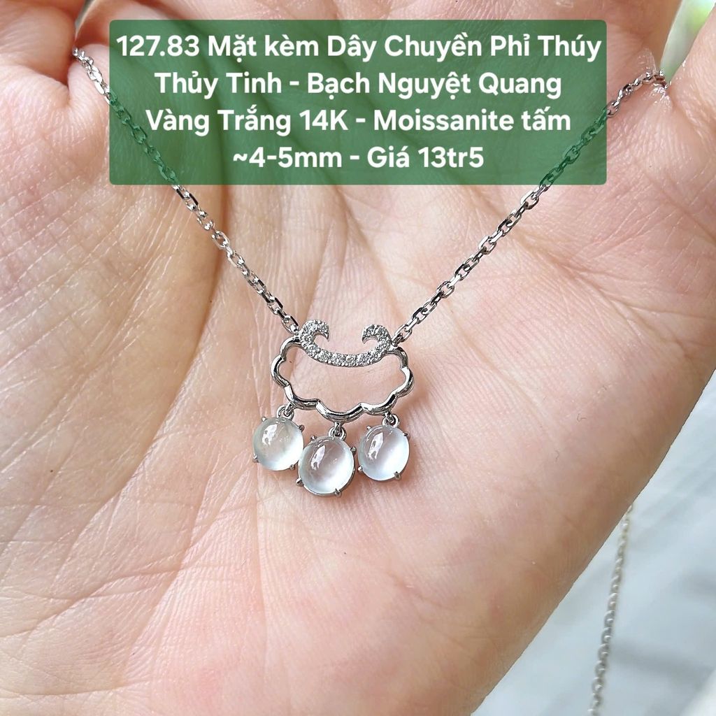 Mặt kèm Dây Chuyền Phỉ Thúy  Thủy Tinh - Bạch Nguyệt Quang  Vàng Trắng 14K - Moissanite tấm  ~4-5mm 127.83