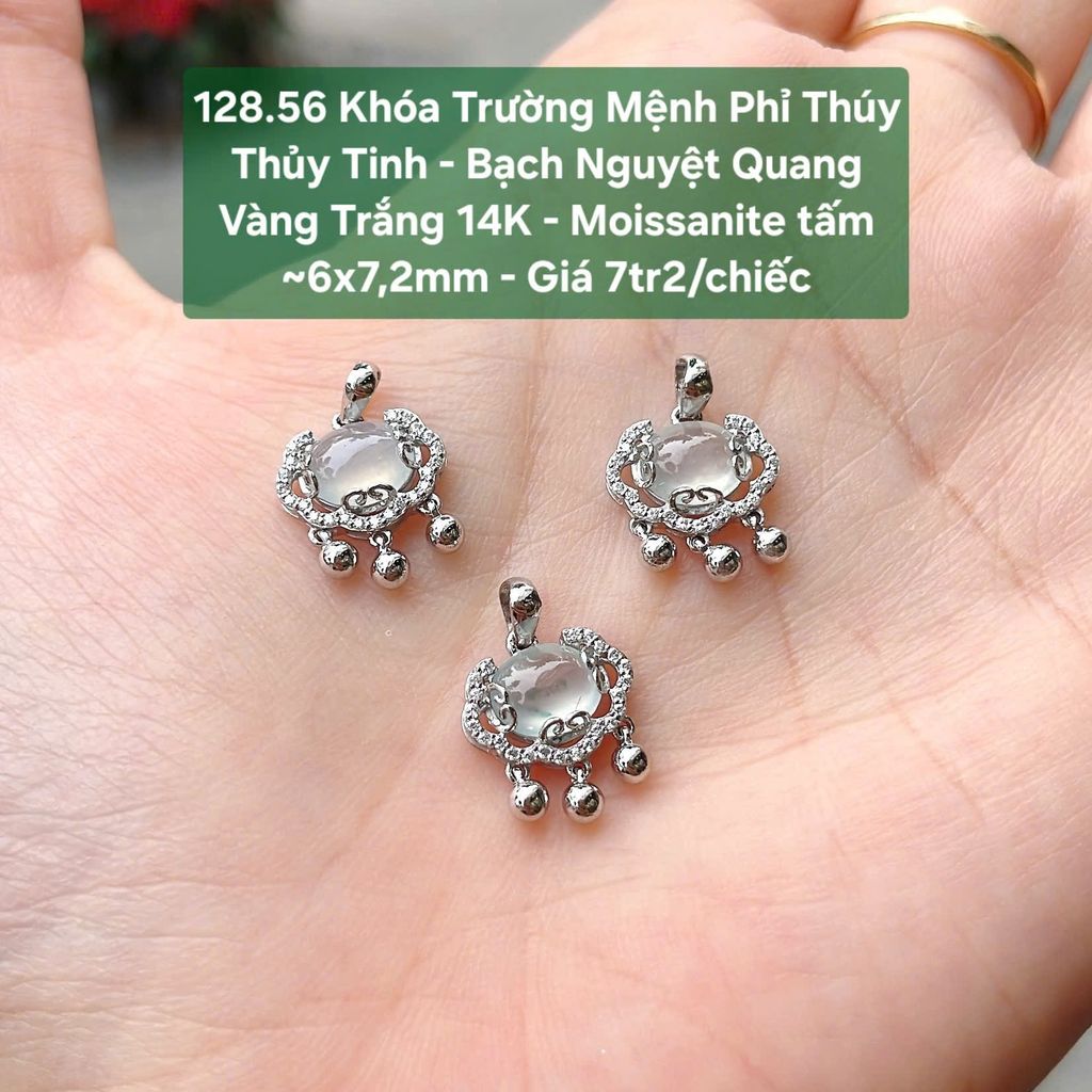 Khóa Trường Mệnh Phỉ Thúy  Thủy Tinh - Bạch Nguyệt Quang  Vàng Trắng 14K - Moissanite tấm 128.56