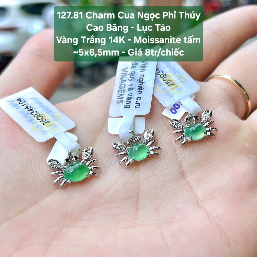 Charm Cua Ngọc Phỉ Thúy Cao Băng - Lục Táo Vàng Trắng 14K - Moissanite tấm ~5x6,5mm 127.81