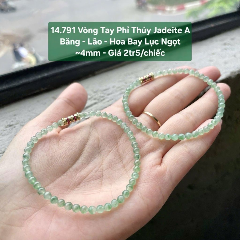 14.791 Vòng Tay Phỉ Thúy Jadeite A Băng - Lão - Hoa Bay Lục Ngọt ~4mm