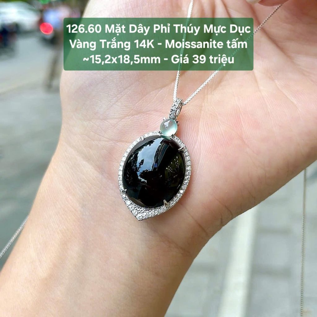 Mặt Dây Phỉ Thúy Mực Dục  Vàng Trắng 14K - Moissanite tấm  ~15,2x18,5mm 126.60