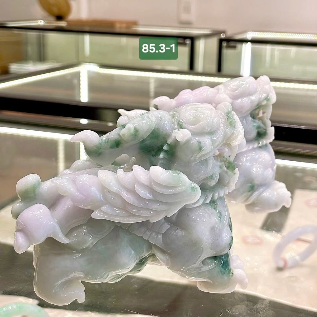 85.3 Cặp Tỳ Hưu Cẩm Thạch Jadeite A Nếp - Nếp Mịn - Xuân Đới Thái ~5,6x10,5x8cm/bức (chưa tính đế)
