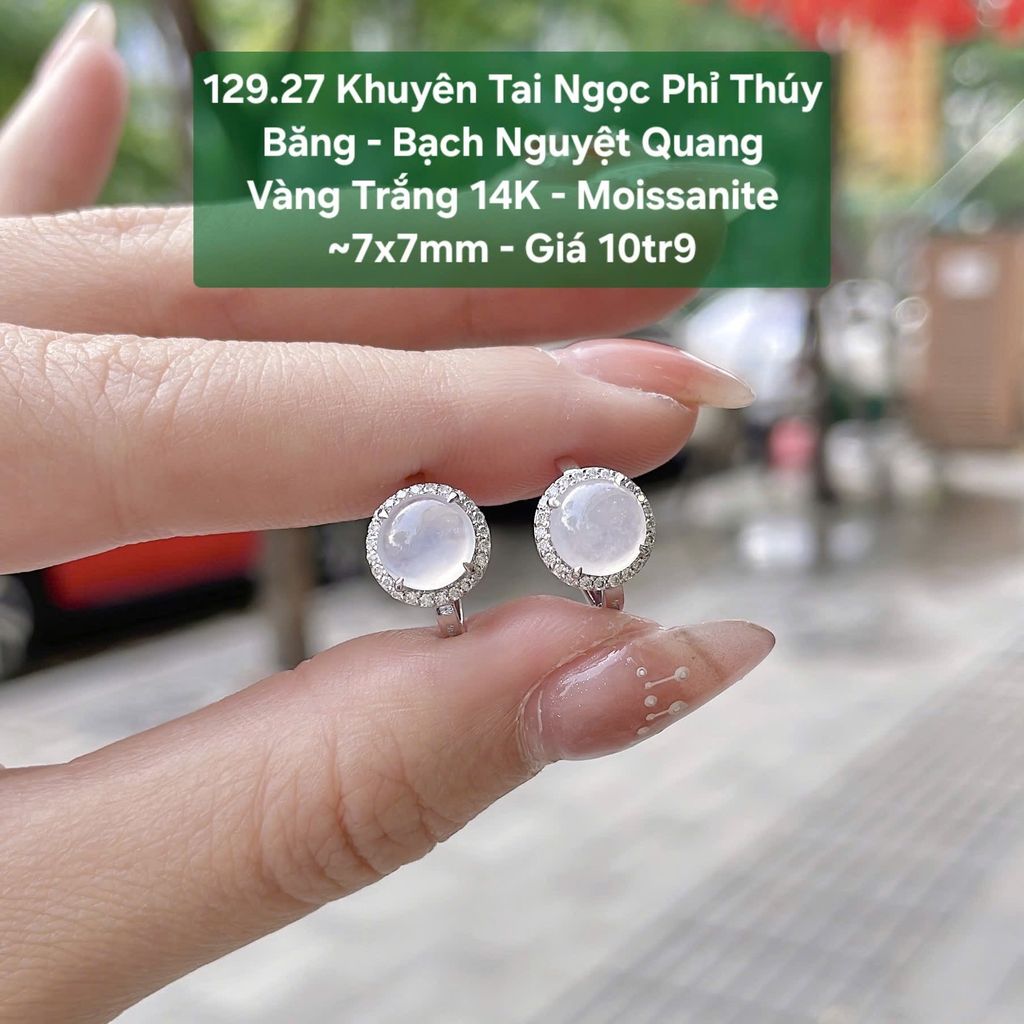 Khuyên Tai Ngọc Phỉ Thuý Băng - Bạch Nguyệt Quang VT14K - Moissanite ~7x7mm - 129.27