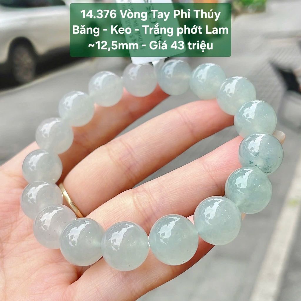 Vòng Tay Phỉ Thuý Băng - Keo - Trắng Phớt Lam ~12.5mm - 14.376