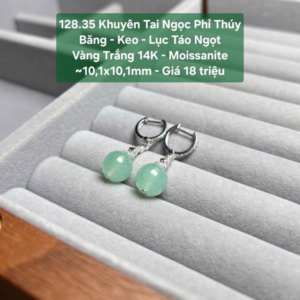 Khuyên Tai Ngọc Phỉ Thúy  Băng - Keo - Lục Táo Ngọt  Vàng Trắng 14K - Moissanite  ~10,1x10,1mm 128.35