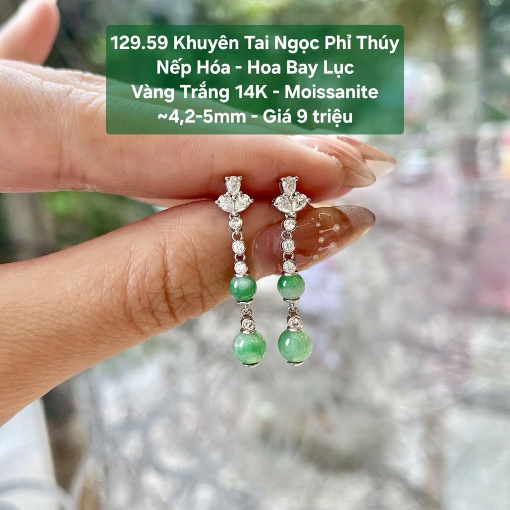 Khuyên Tai Ngọc Phỉ Thúy Nếp Hóa - Hoa Bay Lục VT 14K - Moissanite ~4,2-5mm 129.59