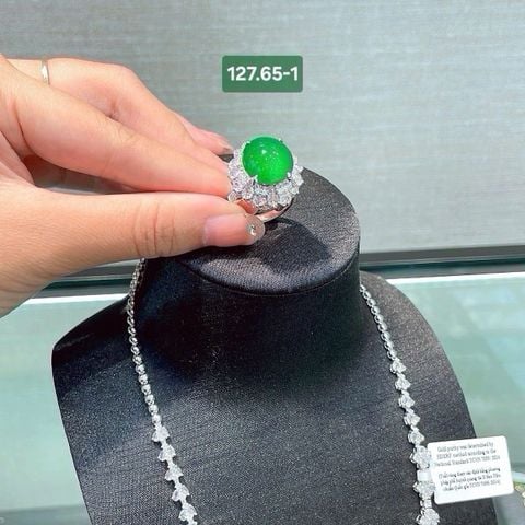 Nhẫn - Dây Chuyền Phỉ Thúy Thủy Tinh - Đế Vương Lục Vàng Trắng 18K - Kim Cương Tấm ~13x14,4mm 127.65