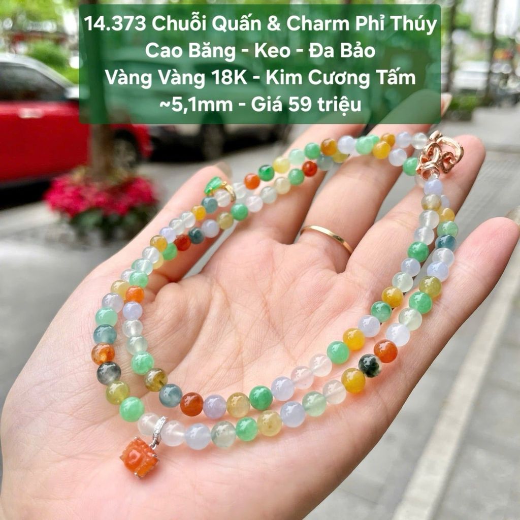 Chuỗi Quấn & Charm Phỉ Thuý Cao Băng - Keo - Đa Bảo VV18K - Kim Cương Tấm ~5.1mm - 14.373