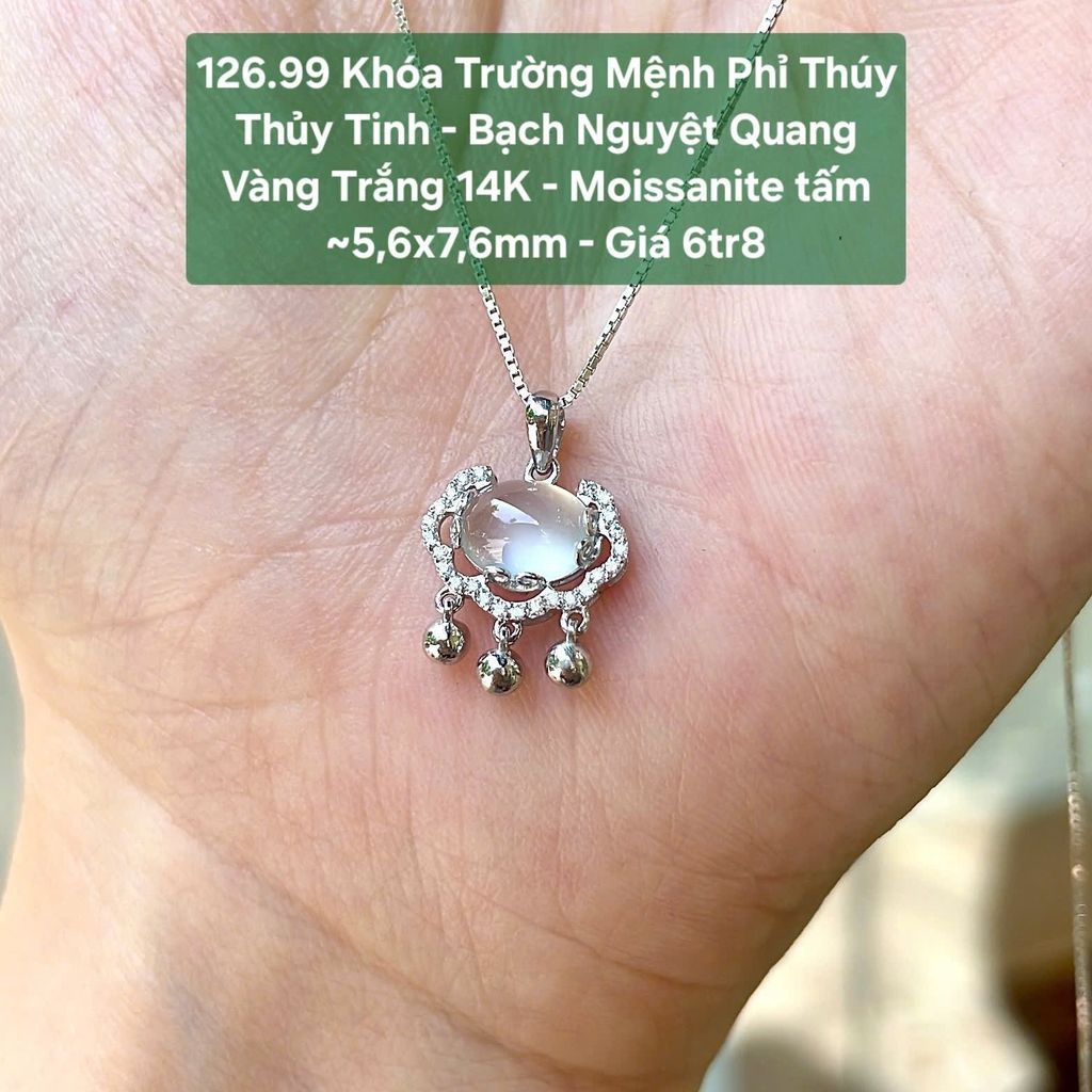 Khóa Trường Mệnh Phỉ Thúy  Thủy Tinh - Bạch Nguyệt Quang  Vàng Trắng 14K - Moissanite tấm - 126.99
