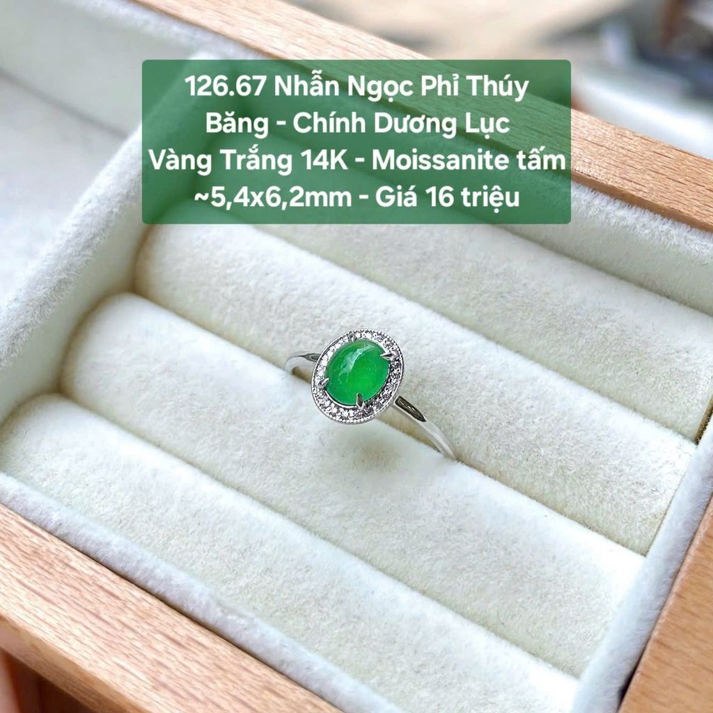 Nhẫn Ngọc Phỉ Thúy  Băng - Chính Dương Lục  Vàng Trắng 14K - Moissanite tấm  ~5,4x6,2mm 126.67