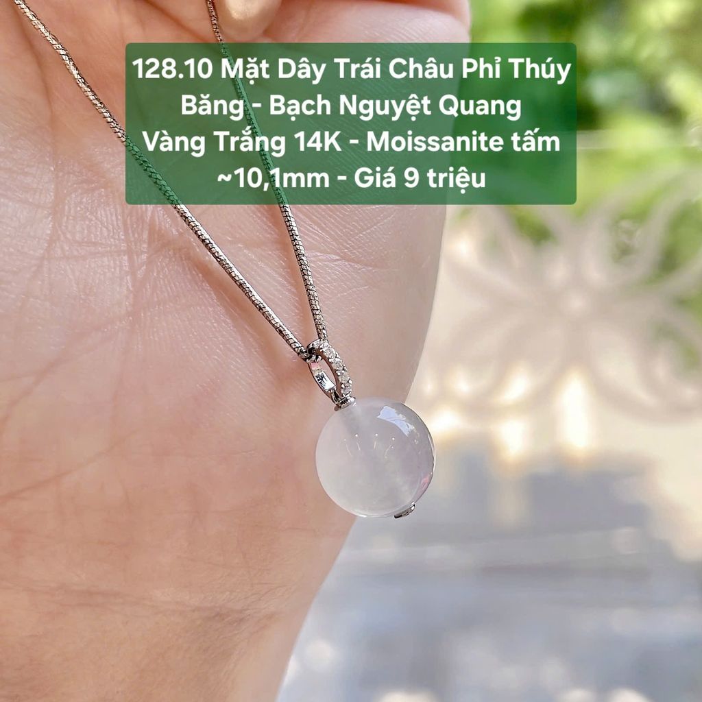 Mặt Dây Trái Châu Phỉ Thúy Băng - Bạch Nguyệt Quang Vàng Trắng 14K - Moissanite tấm ~10,1mm 128.10
