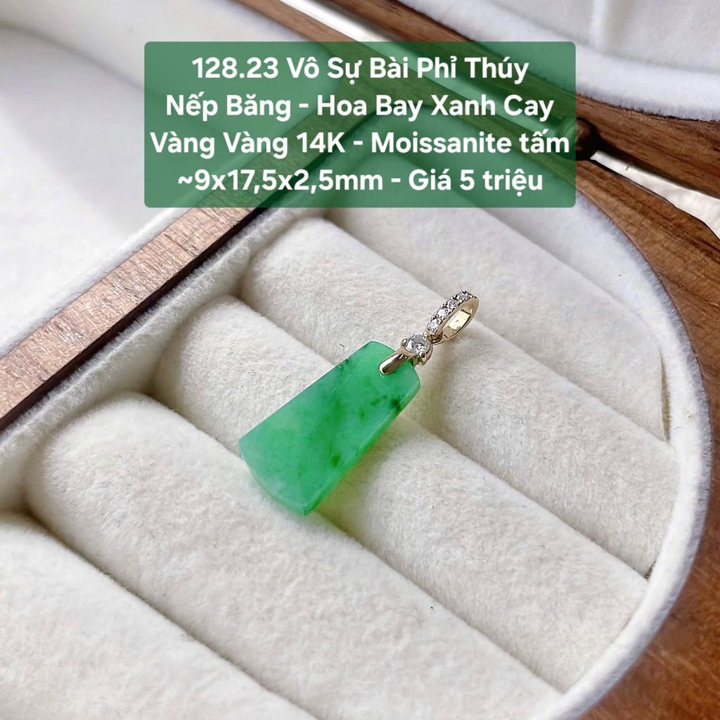 Vô Sự Bài Phỉ Thúy  Nếp Băng - Hoa Bay Xanh Cay  Vàng Vàng 14K - Moissanite tấm  ~9x17,5x2,5mm 127.23