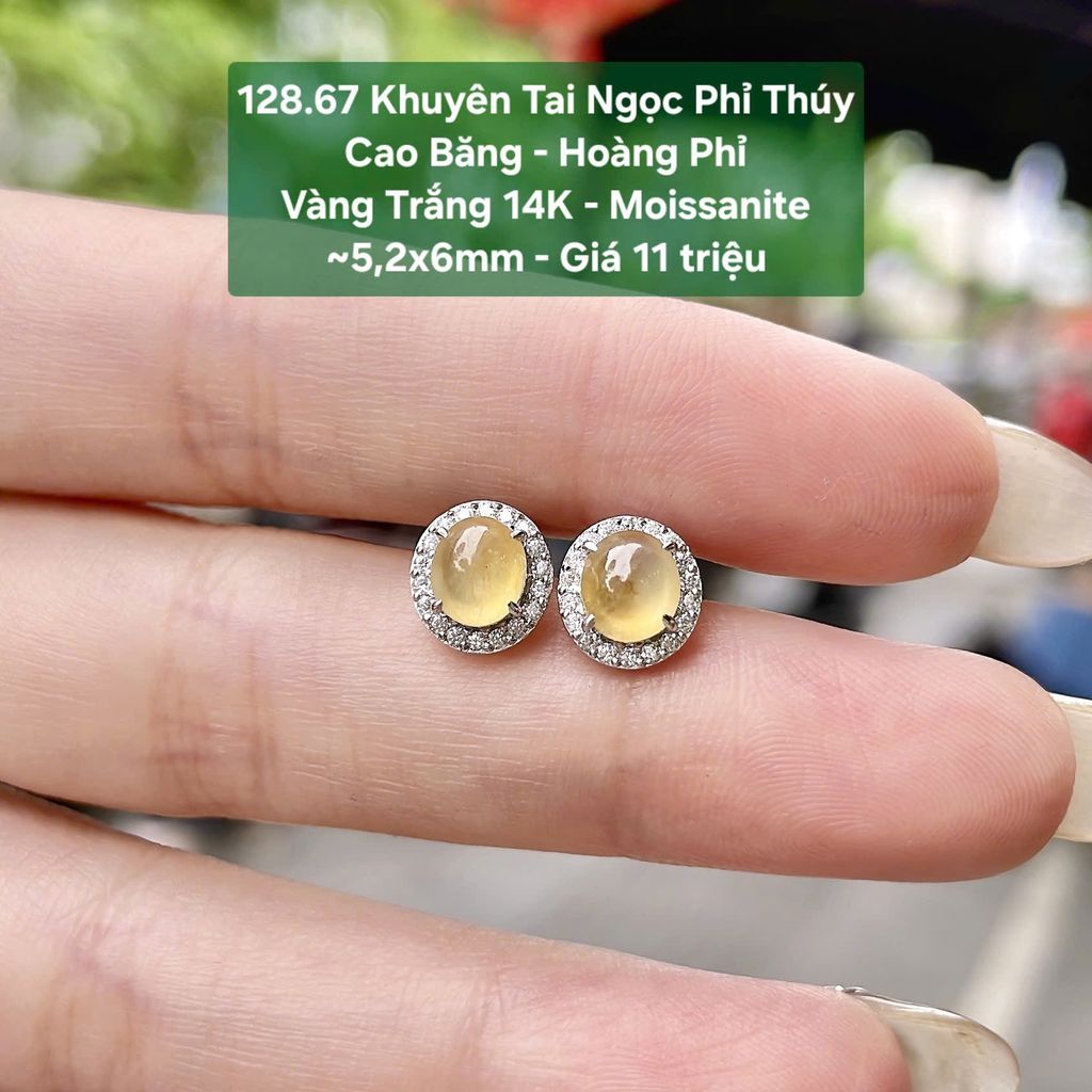 Khuyên Tai Ngọc Phỉ Thúy  Cao Băng - Hoàng Phỉ  Vàng Trắng 14K - Moissanite  ~5,2x6mm 128.67